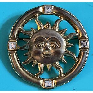 1928 Smiling Sun Gold Tone Pin Brooch Clear Rhinestone 1.5” VTG